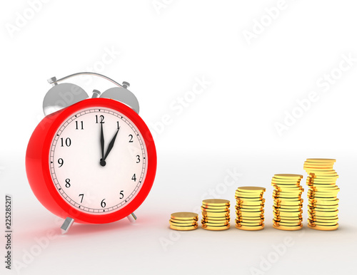 Alarm clock and stacks of coins. 3d illustrationa