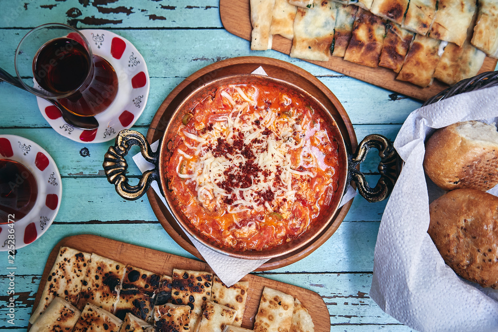 Traditional turkish food menemen made by eggs and tomatoes