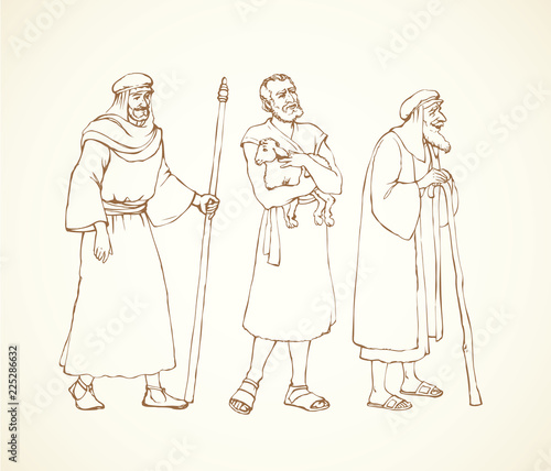 Shepherd holding a lamb. Vector drawing