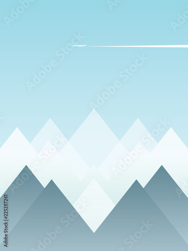 Abstract winter landscape vector postcard with snowy mountains and blue sky with plane flying over. Winter and Christmas holiday season banner, poster. © jozefmicic