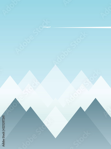 Abstract winter landscape vector postcard with snowy mountains and blue sky with plane flying over. Winter and Christmas holiday season banner, poster.