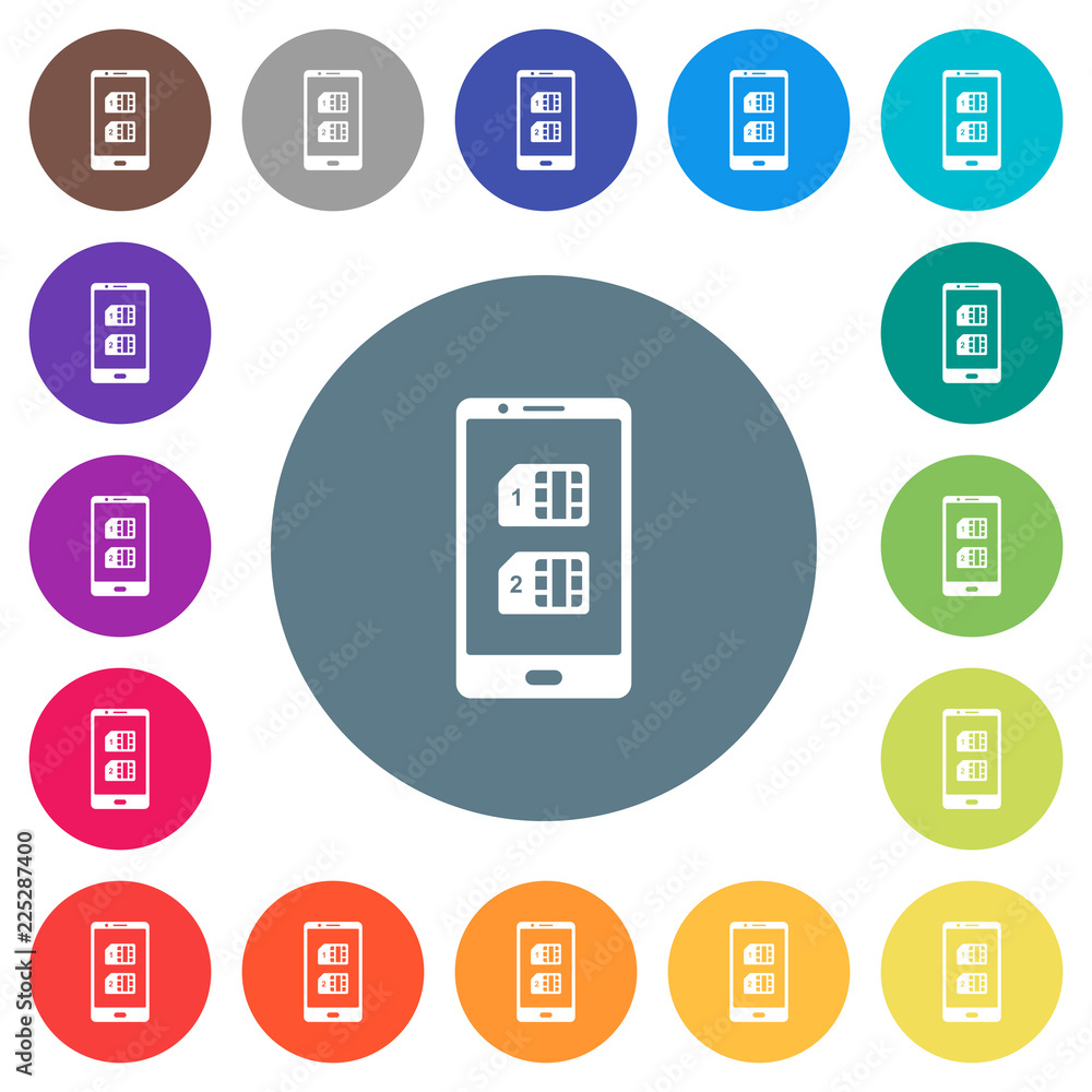 Dual SIM mobile flat white icons on round color backgrounds Dual SIM mobile flat white icons on round color backgrounds