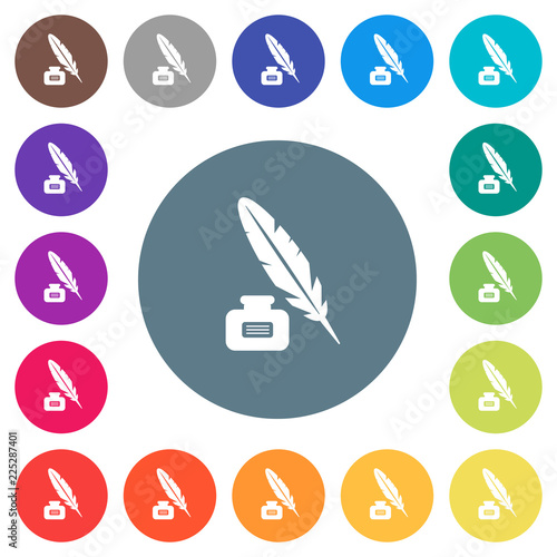 Feather and ink bottle with label flat white icons on round color backgrounds