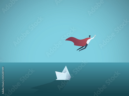 Business superhero flying away from a sinking ship. Symbol of leadership, strength, courage, confidence and success.