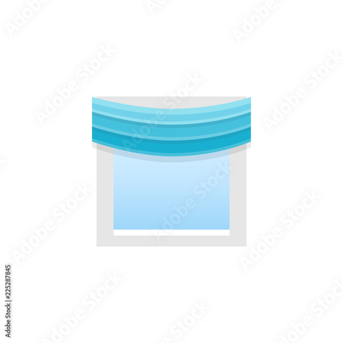 Blue fabric curtain with central pleated drapery. Vector illustration. Flat icon of shade.