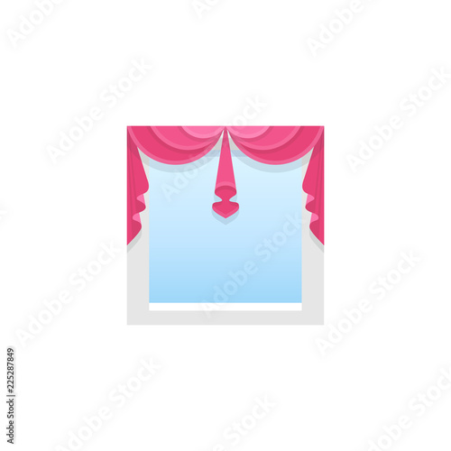 Red fabric valance with drapery. Vector illustration. Flat icon of shade with 2 asymmetric swags.