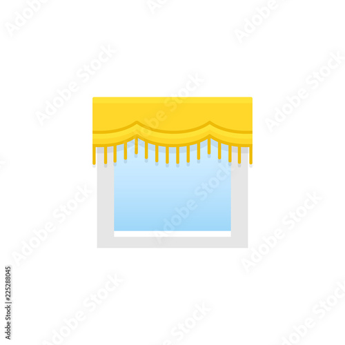Yellow fabric scalloped valance with fringe. Vector illustration. Flat icon of pelmet.