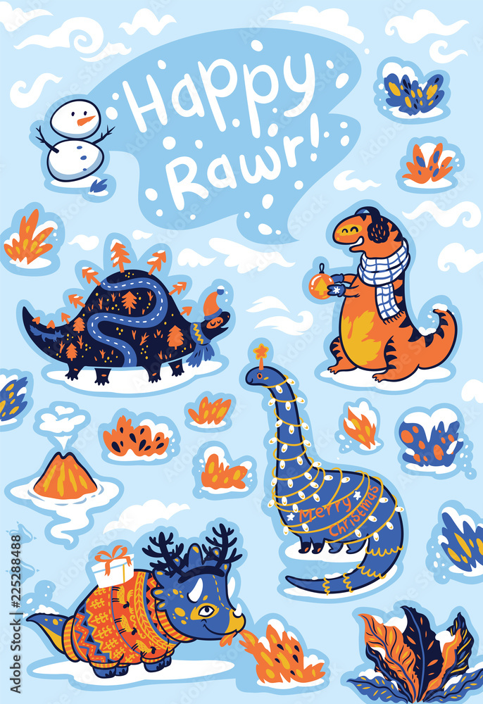 Holidays card with dinosaurs in cartoon style. Vector illustration Holidays card with dinosaurs in cartoon style. Vector illustration