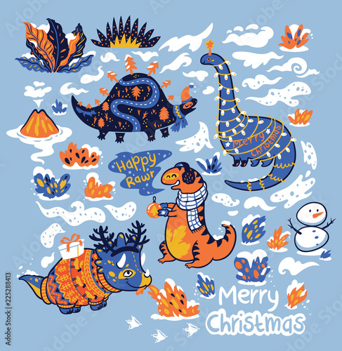 Funny Christmas and New Year characters of dinosaurs