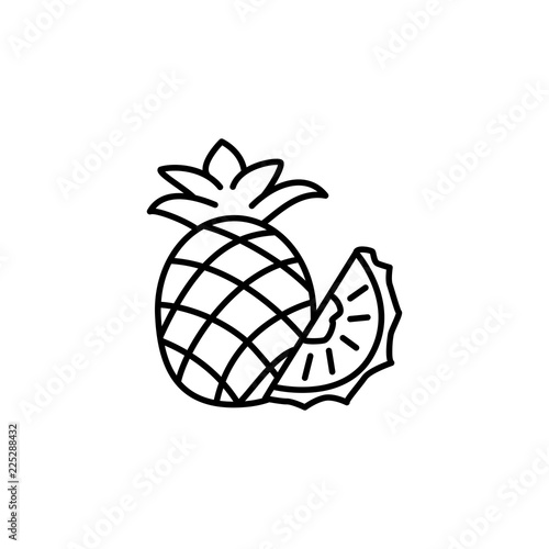 Black & white vector illustration of whole pineapple & slice. Line icon of fresh fruit. Vegan & vegetarian food. Health eating ingredient. Isolated object