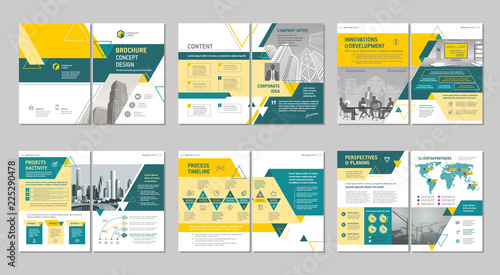 Brochure creative design. Multipurpose template with cover, back and inside pages. Trendy minimalist flat geometric design. Vertical a4 format.