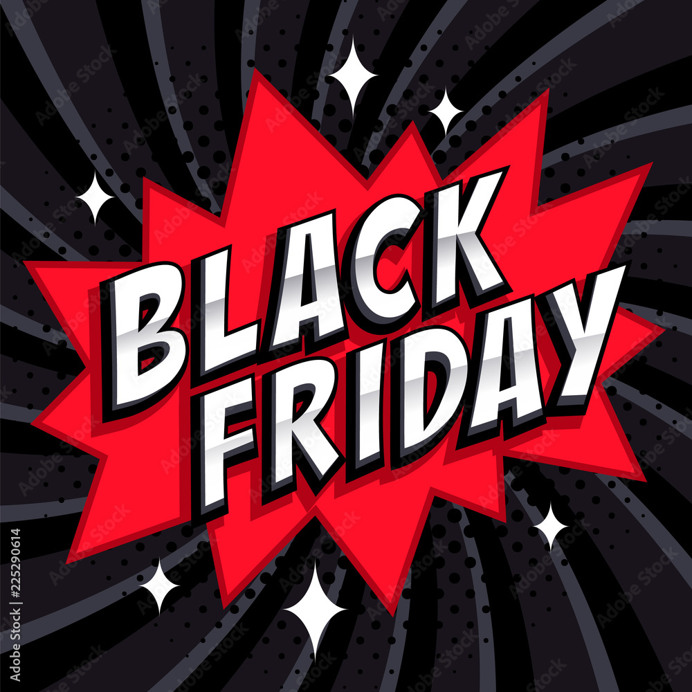 Black Friday sale Comic style banner. Black friday inscription on black and  red background. Pop-art comics style web banner, flash animation. Stock  Illustration | Adobe Stock