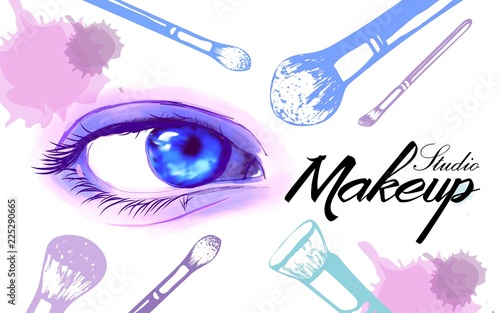 Vector hand drawn illustration of colorful women eye and makeup brushes. Concept for beauty salon, cosmetics label, cosmetology procedures, visage and makeup.