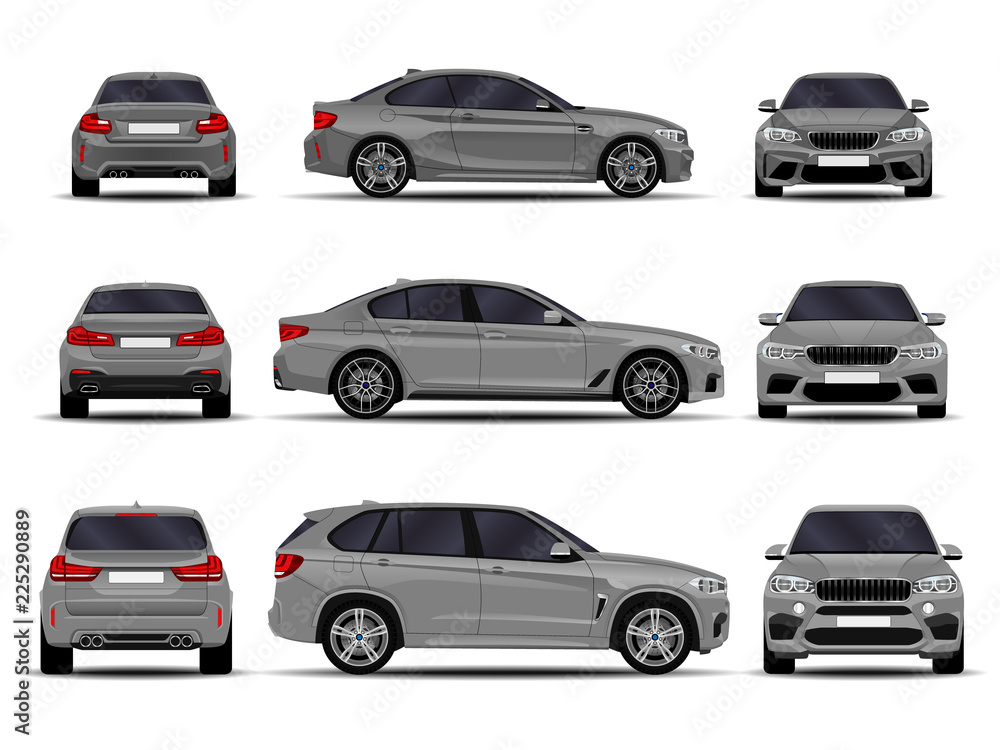 realistic cars set. front view; side view; back view.