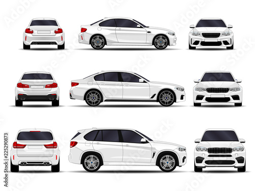 realistic cars set. front view; side view; back view.