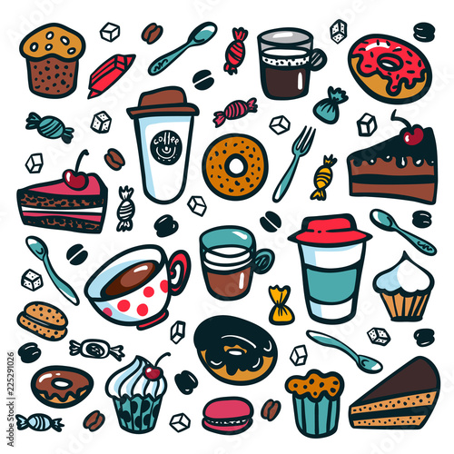 Coffee background. Colorful doodle style cartoon set of objects on coffee the...