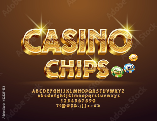 Vector Golden pattern text Casino Сhips with Illustration. Luxury 3D Font. Sparkling elegant Alphabet Letters, Numbers and Symbols