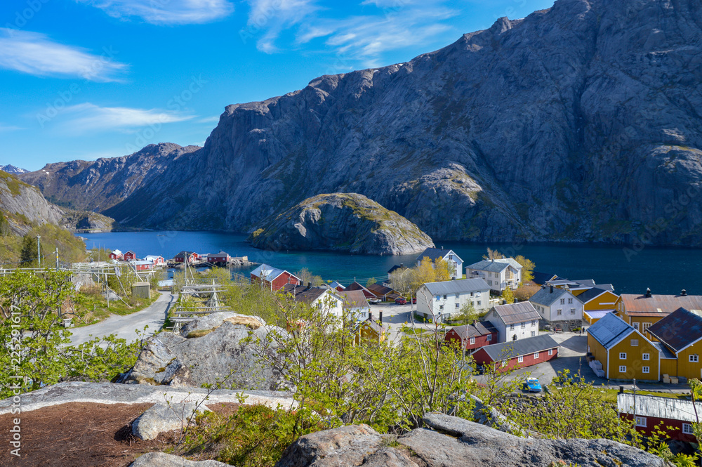Fototapeta premium Small lofoten village lost in the middle of a fjord, Norwey.