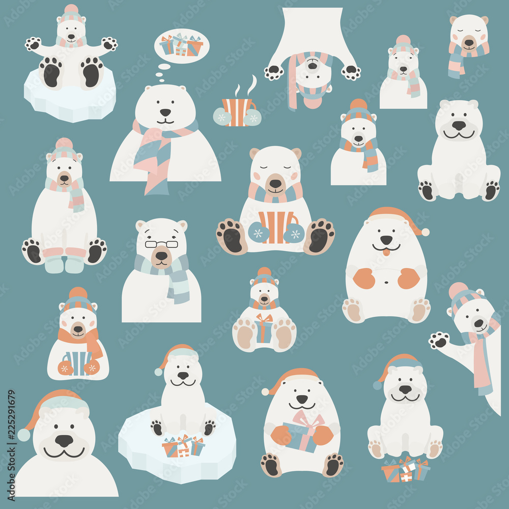 Cute polar bear sticker set. Elements for christmas holiday greeting card, poster design Cute polar bear sticker set. Elements for christmas holiday greeting card, poster design
