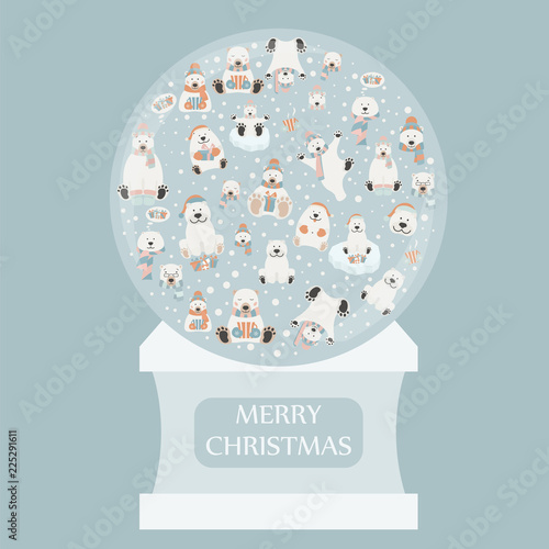 Cute polar bear sticker set. Snow globe design. Elements for christmas holiday greeting card, poster