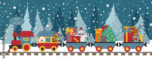 Christmas train with bear, reindeer, gifts. Seamless pattern for children