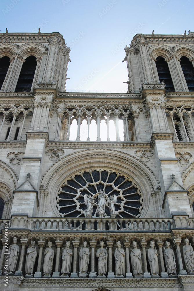 Facade of Notre Dame cathedral. France. Paris. Architecture of France.