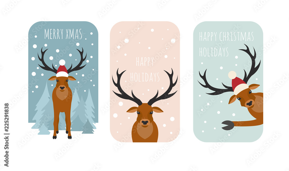 Cute reindeer sticker icon set. Elements for christmas holiday greeting card, poster design Cute reindeer sticker icon set. Elements for christmas holiday greeting card, poster design