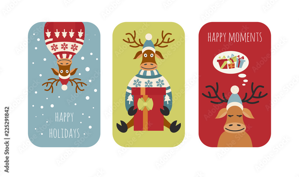 Fototapeta premium Cute reindeer sticker icon set. Elements for christmas holiday greeting card, poster design