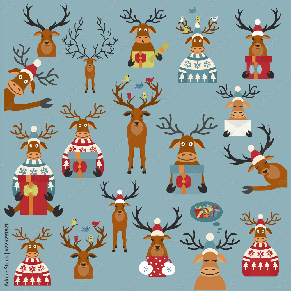 Fototapeta premium Cute reindeer sticker icon set. Elements for christmas holiday greeting card, poster design