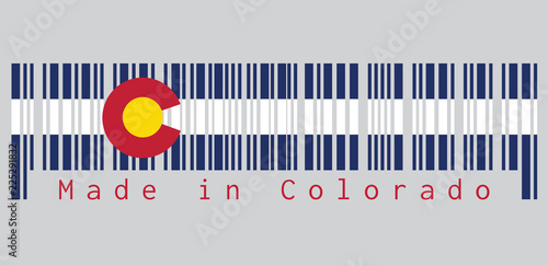 Barcode set the color of Colorado flag, Three horizontal stripes of blue, white, and blue. On top of these stripes sits a circular red "C", filled with a golden disk. text: Made in Colorado.