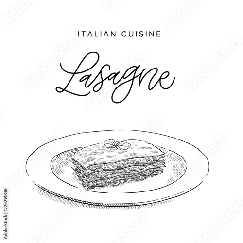 italian beef pasta lasagne on a plate, sketch style vector illustration