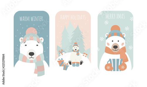 Cute polar bear. Christmas holiday greeting card, poster design