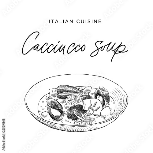 seafood soup with shrimps and mussels in a plate, sketch style vector illustration