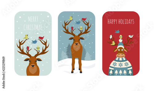 Cute reindeer sticker icon set. Elements for christmas holiday greeting card, poster design