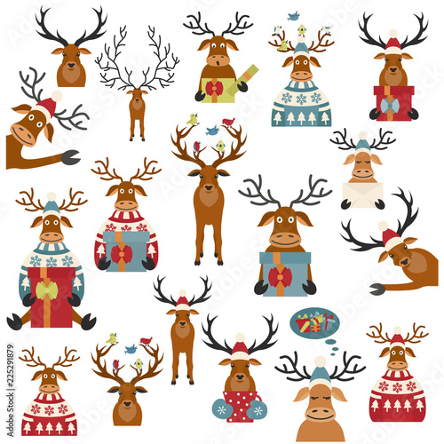 Cute reindeer sticker icon set. Elements for christmas holiday greeting card, poster design