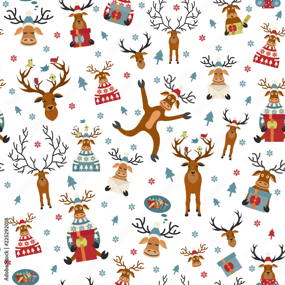 Naklejka premium Cute reindeer flat seamless pattern. Elements for christmas holiday greeting card, poster design