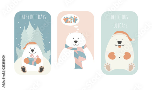 Cute fat polar bear. Christmas holiday greeting card, poster design