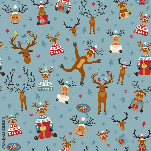Cute reindeer flat seamless pattern. Elements for christmas holiday greeting card, poster design