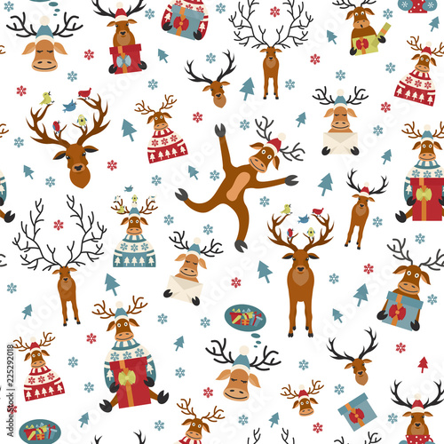 Cute reindeer flat seamless pattern. Elements for christmas holiday greeting card, poster design