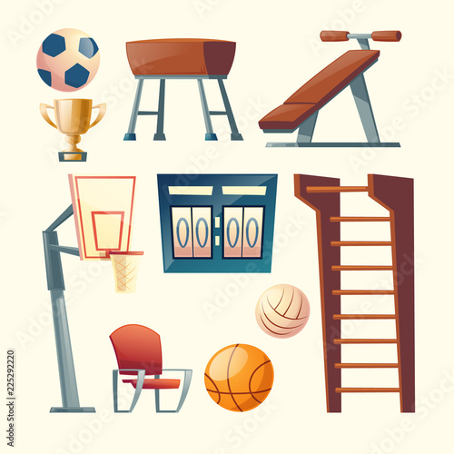 Vector cartoon set of gym equipment for school, college. Basketball, volleyball competition elements, scoreboard and balls. Wooden climbing frame and other training apparatus. Furniture for sport area