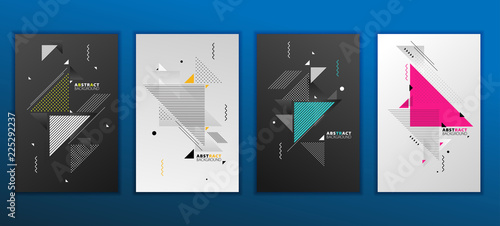 Abstract geometric composition forms modern background with decorative triangles and patterns backdrop vector illustration set