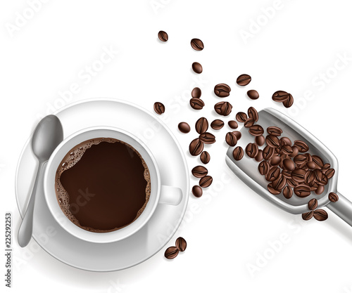 Vector 3d realistic cup of coffee on the saucer with metal spoon. Beans in grey scoop isolated on white background. Top view of hot arabica drink, americano. Mock up, template for ad poster, banner.