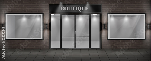 Vector concept background, boutique shop facade with signboard. Storefront with brick wall, entrance with large glass door and empty illuminated showcases. Template of building exterior
