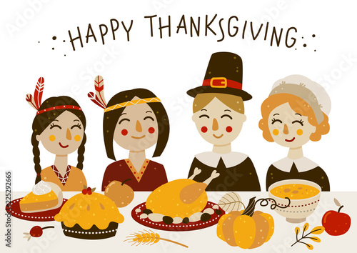 Thanksgiving greeting card with Indians and pilgrims at the table