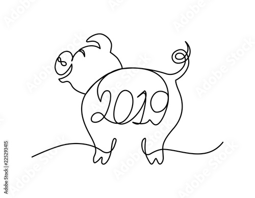 Funny pig continuous line character with 2019 lettering. Merry Christmas concept. One line drawing. Chinese symbol of the year.