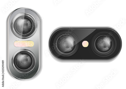 Vector 3d realistic dual camera for smartphone with two lenses and flash, isolated on background. Modern optical device, module for cell phone with various types of photo objectives