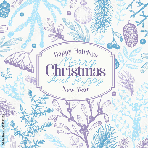 Greeting Christmas card in vintage style. Vector hand drawn illustrations. Banner with coniferous, pine branches, berries, holly, mistletoe. Winter forest background. Merry Christmas template.