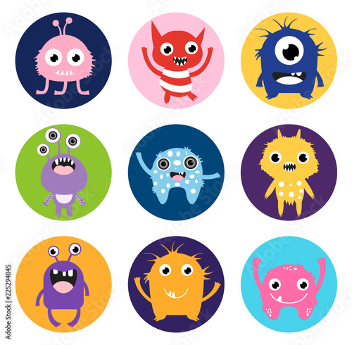 Cute vector monster stickers or labels, colorful circles with fun animal characters