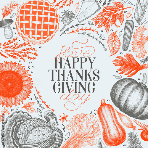 Happy Thanksgiving Day design template. Vector hand drawn illustrations. Greeting Thanksgiving card in retro style. Frame with harvest, vegetables, pastry, bakery. Autumn background.