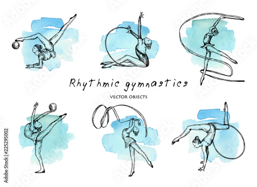 Vector illustration. Rhythmic gymnastics set. Girls gymnasts on watercolor background. Pen style vector sketch.